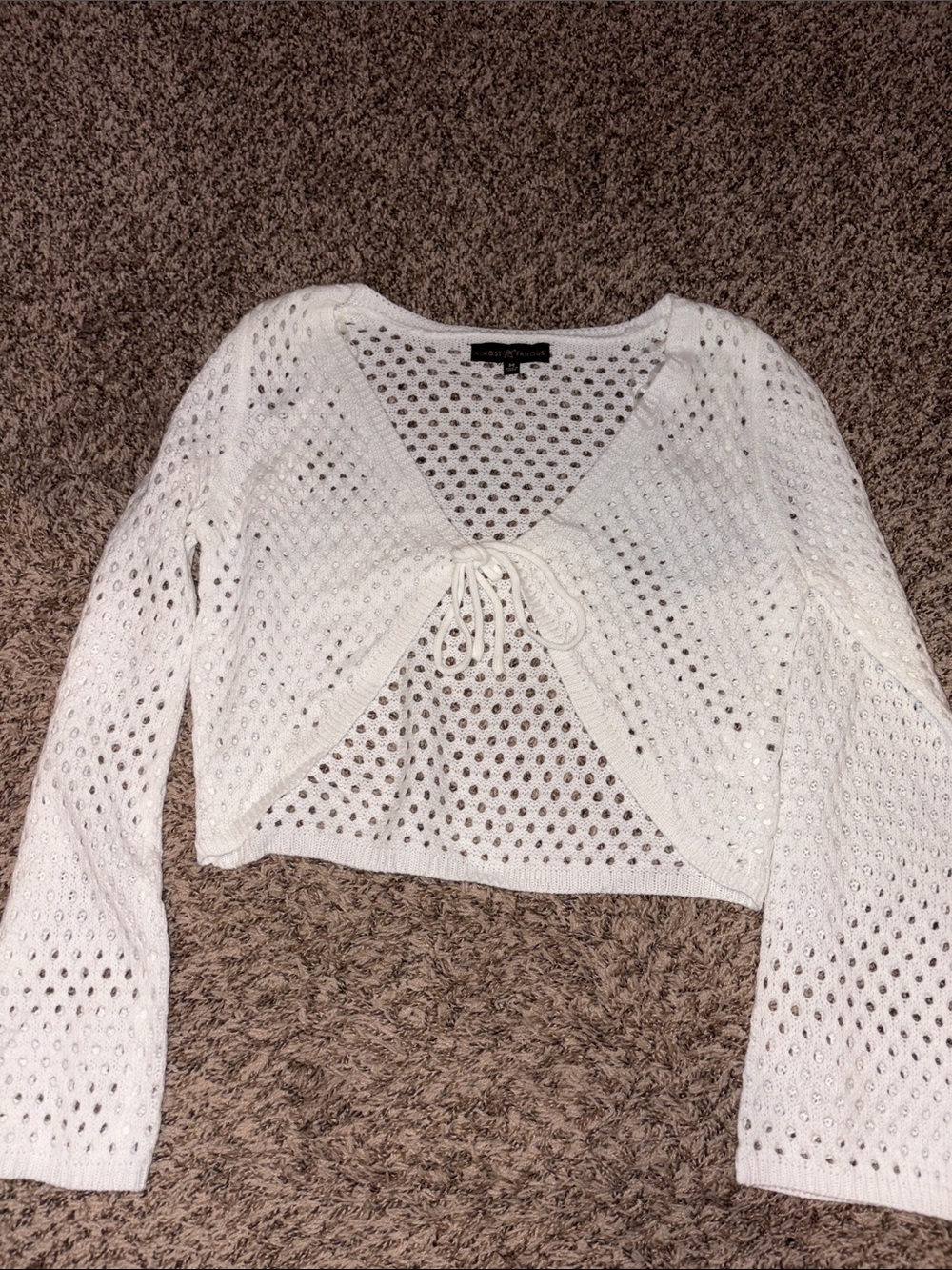 Almost Famous White Open-Knit Cropped Tie-Front Cardigan